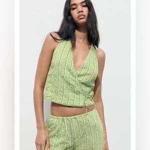 Zara Light Green Striped Wrap Blouse with Adjustable Ties